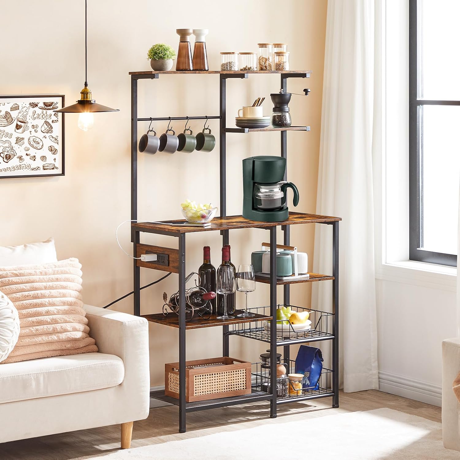 HOOBRO Bakers Rack with Power Outlet and Large Microwave stand with Power Outlets, 35.4 In Coffee Bar with Mesh Basket, Kitchen Shelf with Wire Basket, Rustic Brown and Black BF05HB01-BF64UHB01