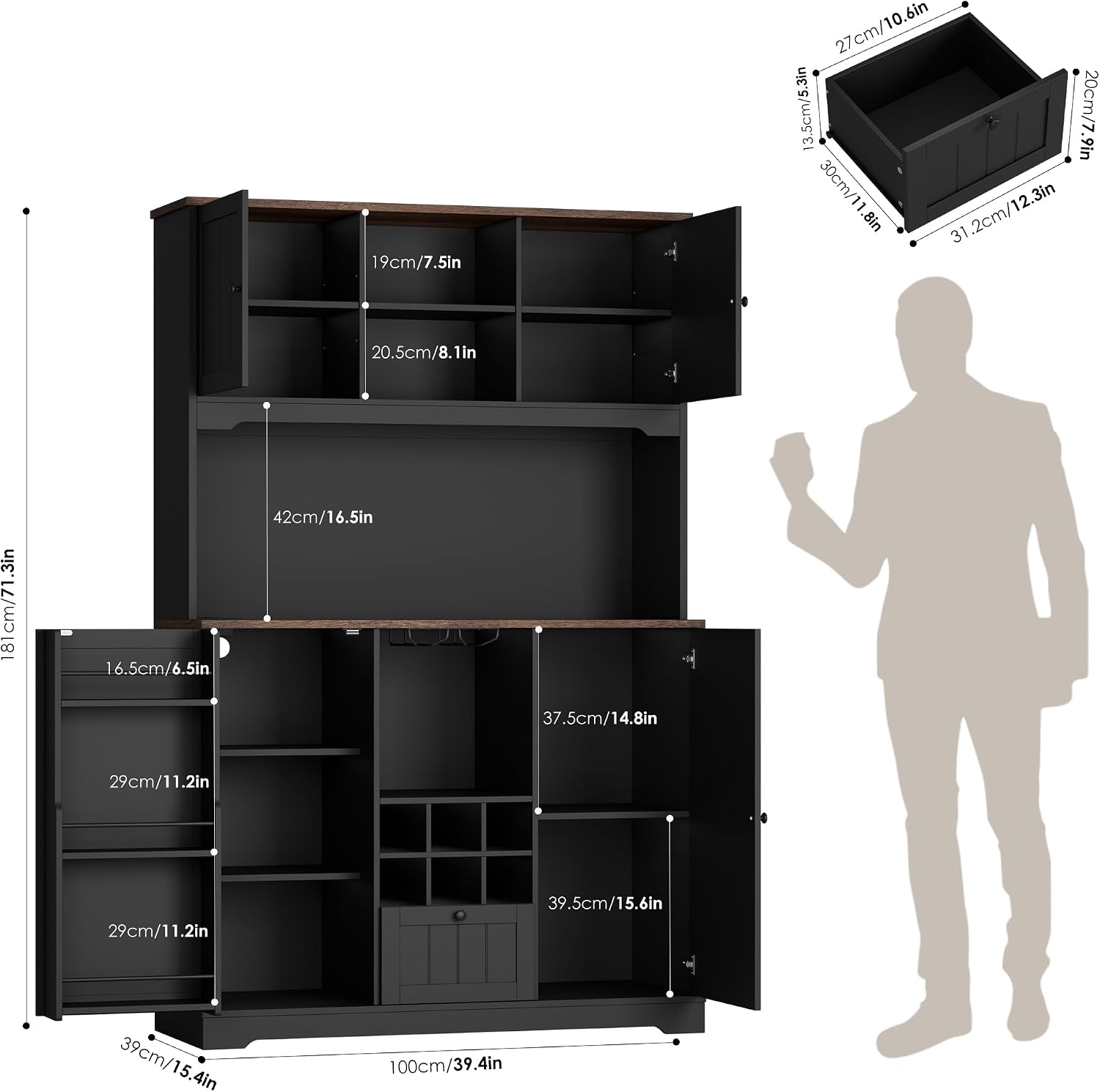 FINETONES 71' Pantry Cabinet with LED Light and Charging Station, Kitchen Pantry Cabinet with Microwave Stand, Kitchen Hutch Food Storage Cabinet with Outlet and Wine Racks, Black