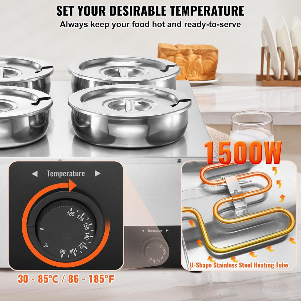 ETL Listed VEVOR Electric Soup Warmer, Four 7.4QT Stainless Steel Round Pot 86~185°F Adjustable Temp, 1500W Commercial Bain Marie with Anti-Dry Burn, Soup Station for Restaurant, Buffet, Silver