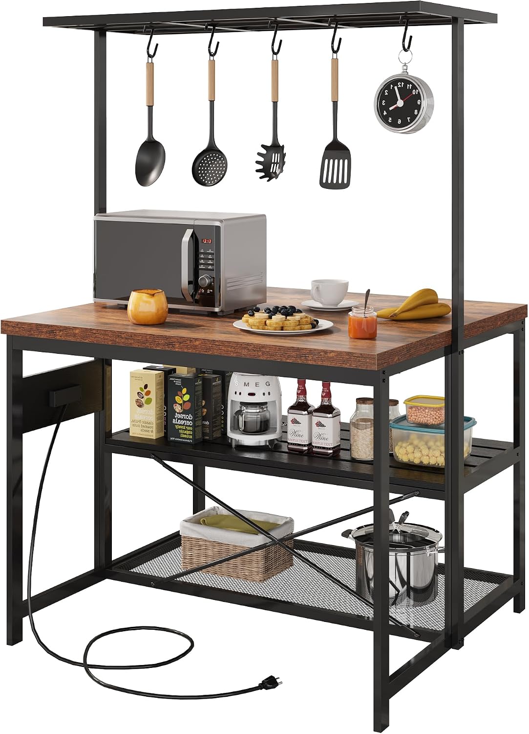 47 inch Kitchen Island with Storage & Power Outlets, Large Bakers Rack Microwave Stand with 3-Tier Shelves, 5 Hooks for Pantry Organization, Kitchen Counter Prep Table, Vintage