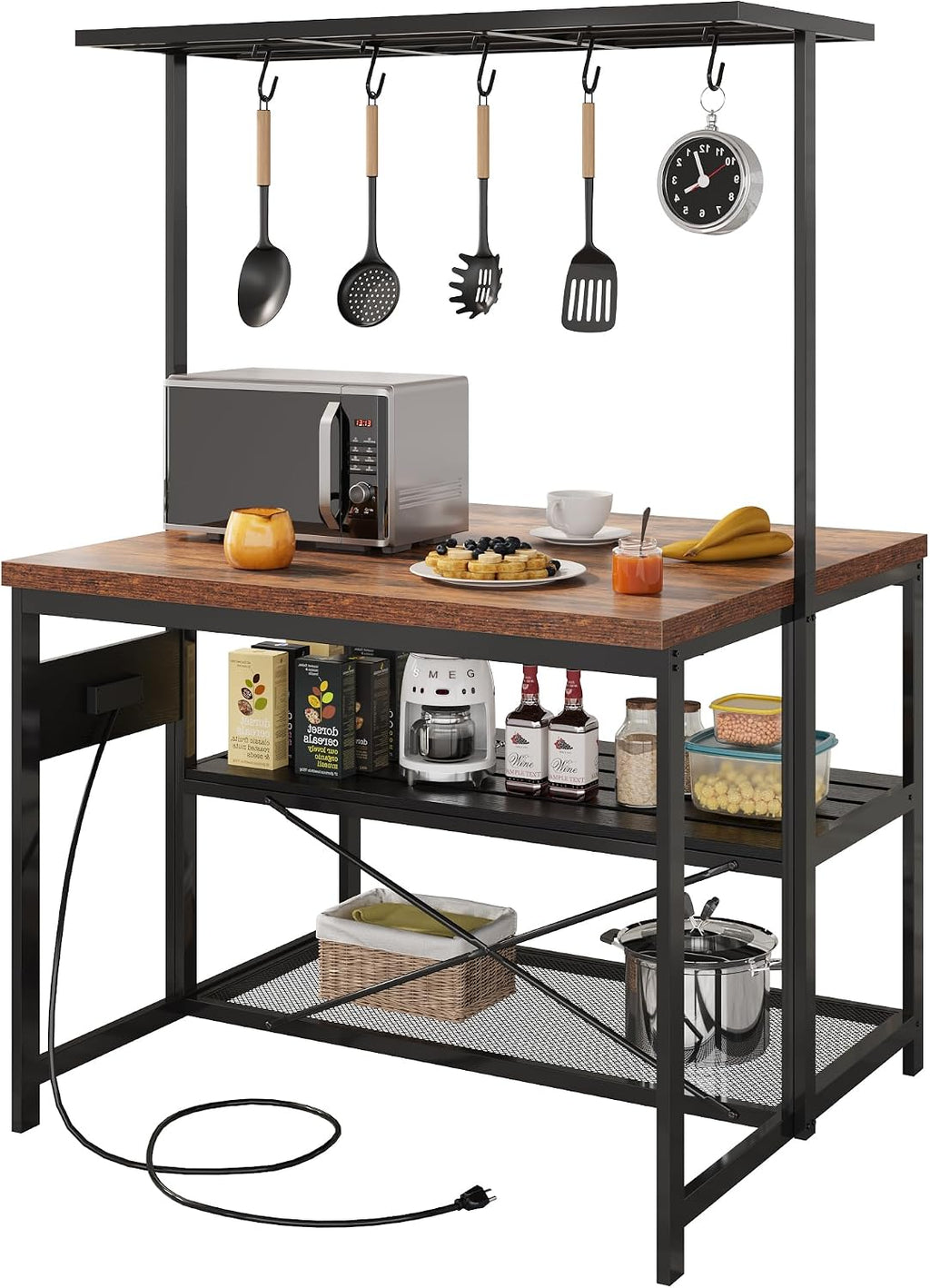 TrailBlaze Kitchen Island with Storage & Power Outlet – 3-Tier Bakers Rack, Microwave Stand, Coffee Bar Table, 5 Hooks, Open Shelves, Industrial Organizer for Dining or Living Room, Vintage Color Top