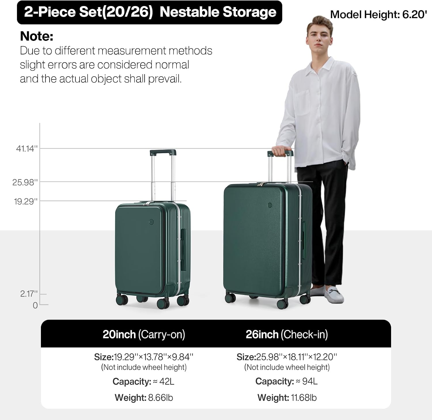 mixi 2-Piece Luggage Sets with Cup Phone Holder and Charger Hard Shell Suitcases with Spinner Wheels, 20+26 Inch Blackish Green