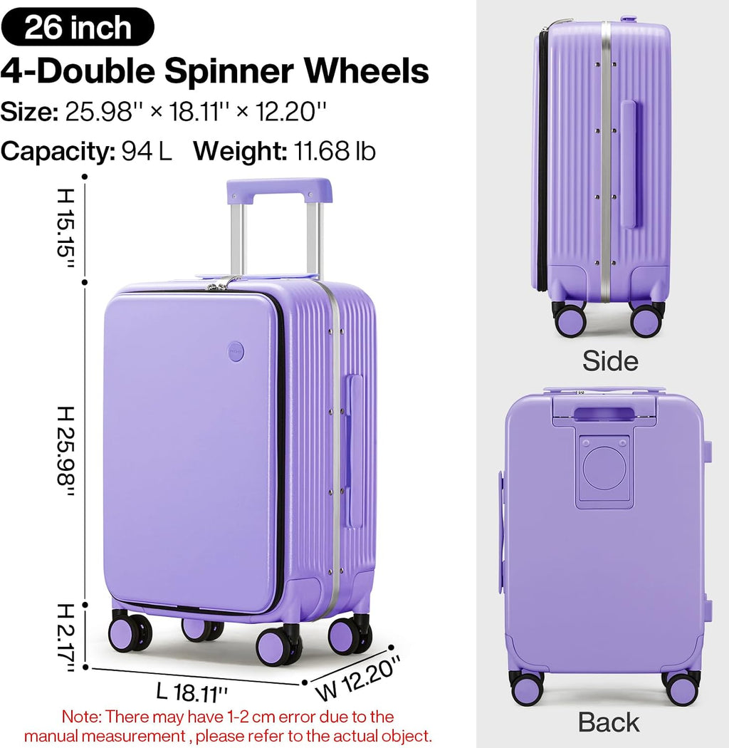 mixi Large Checked Luggage with Cup Phone Holder and Charger Hard Shell Suitcases with Spinner Wheels, 26 Inch Lilac Purple