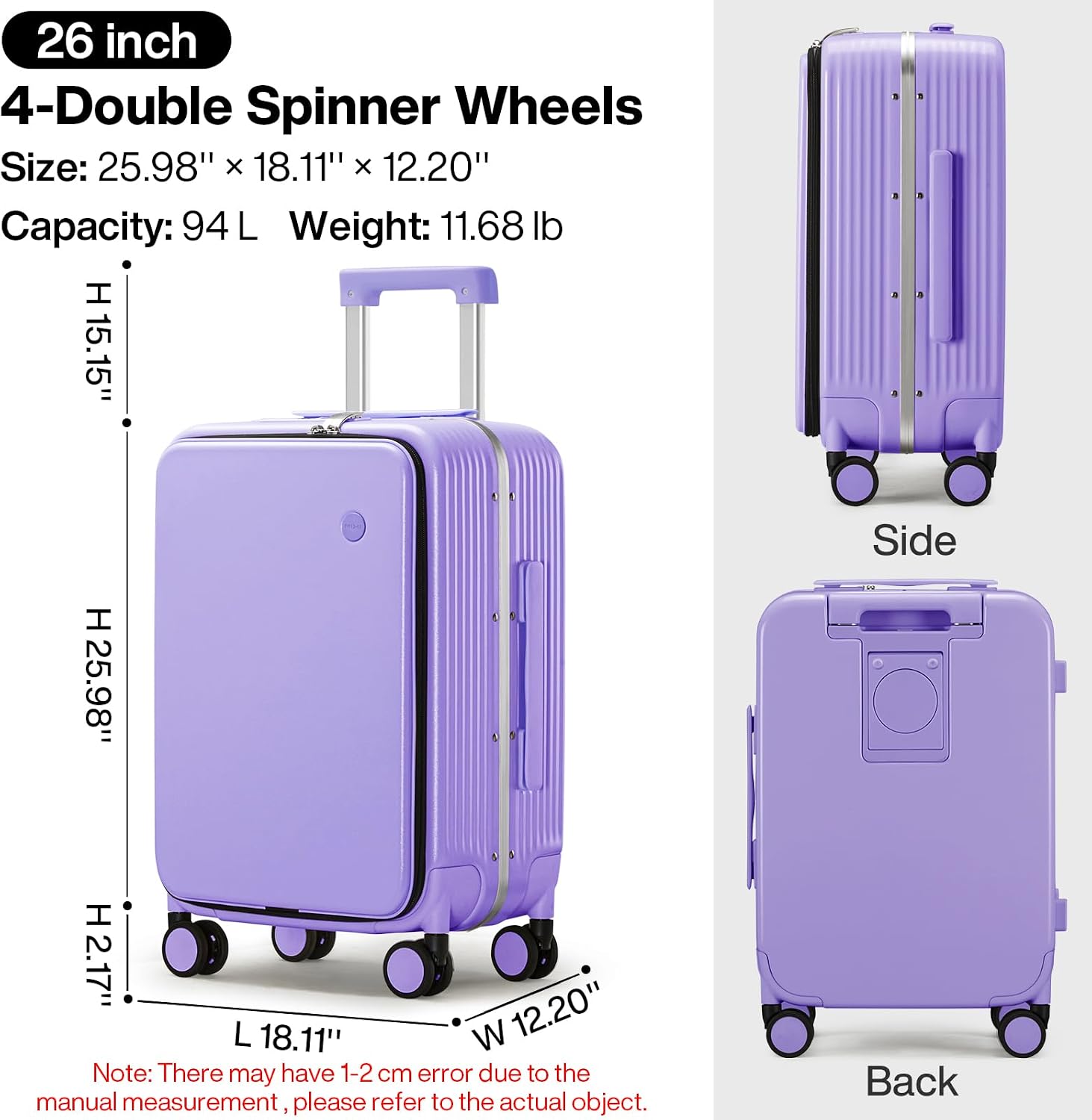mixi Large Checked Luggage with Cup Phone Holder and Charger Hard Shell Suitcases with Spinner Wheels, 26 Inch Lilac Purple
