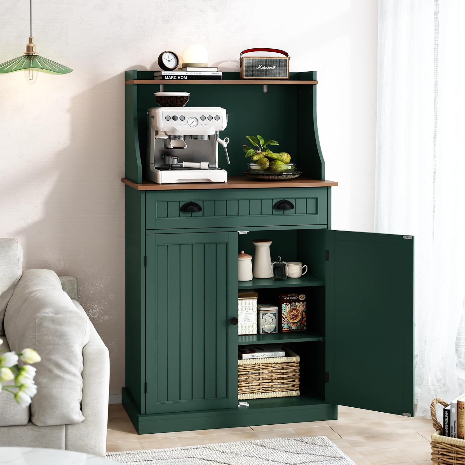 HOLTICO 54' Kitchen Pantry Storage Cabinet with Doors and Adjustable Shelves, Green Freestanding Microwave Cabinet with Drawer for Kitchen, Coffee Bar, Living Room