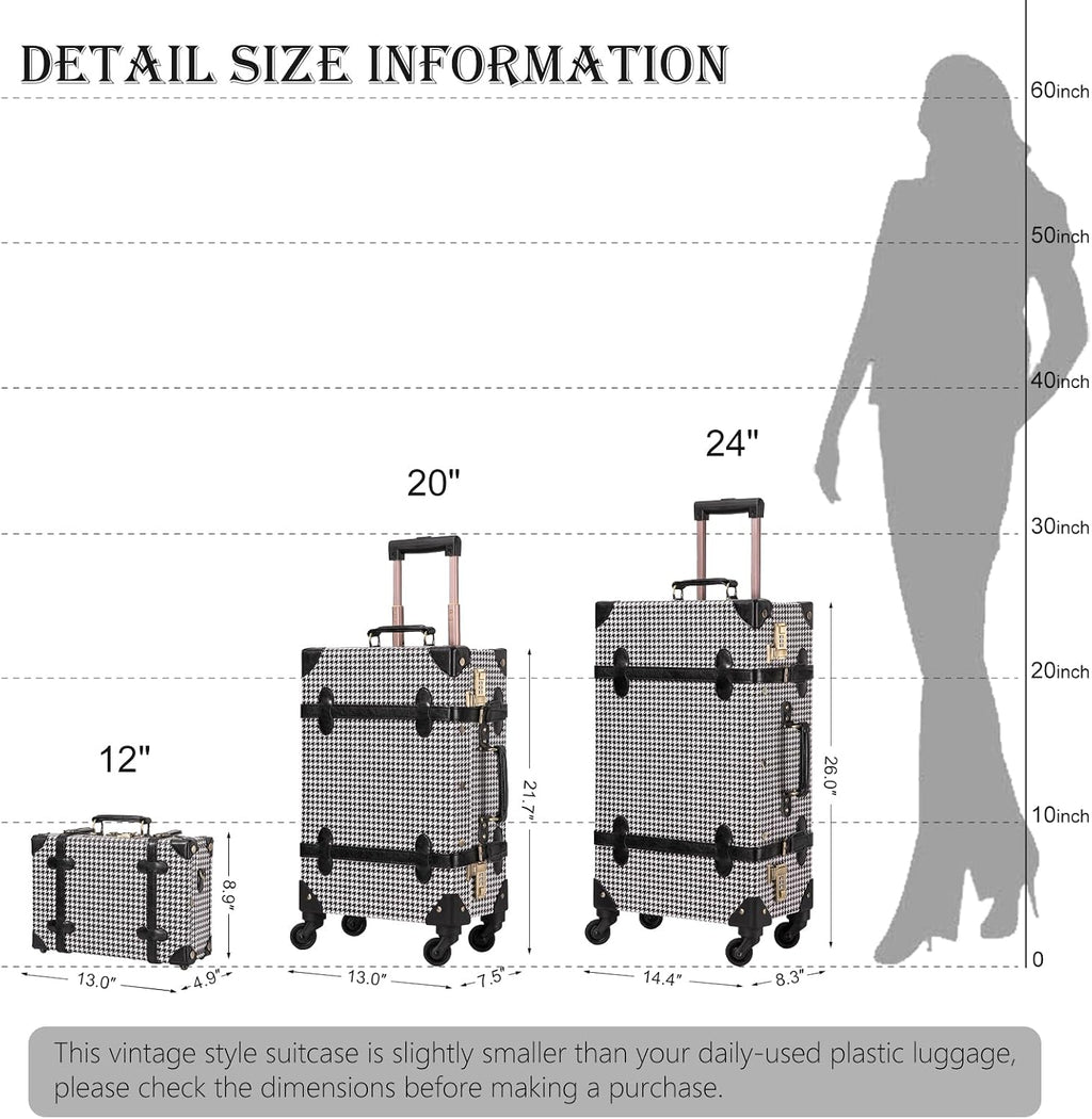 UNIWALKER Vintage Carry on Luggage Set, 2 Piece Retro Spinner Trunk Suitcase with Cosmetic Train Case for Women (20'+12', grid)
