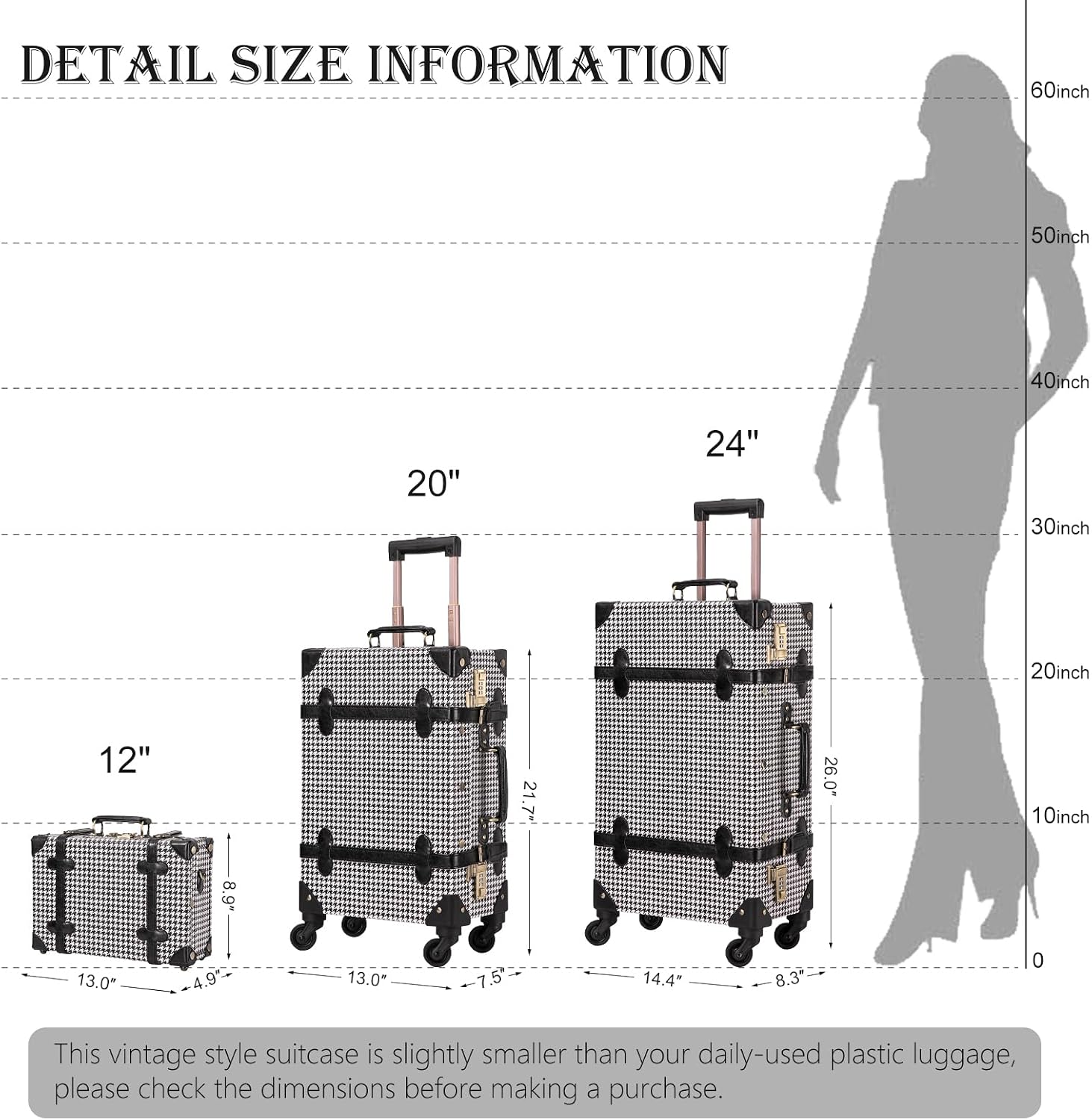 UNIWALKER Vintage Carry on Luggage Set, 2 Piece Retro Spinner Trunk Suitcase with Cosmetic Train Case for Women (20'+12', grid)