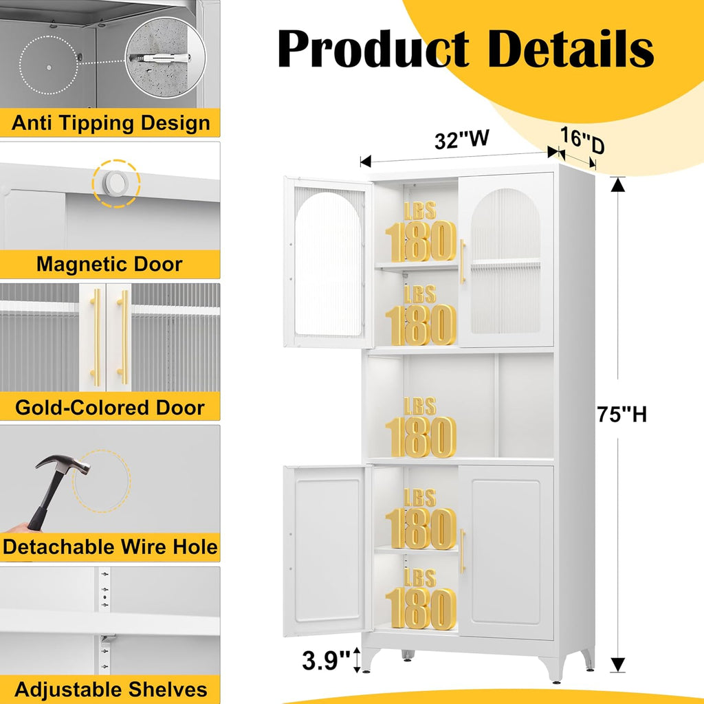 SteeLoong Metal Kitchen Pantry Storage Cabinet，75' Tall Storage Cabinets with 4 Doors and Adjustable Shelves ，White Hutch Cabinet with Microwave Stand,Large Kitchen Cupboard for Dining Room