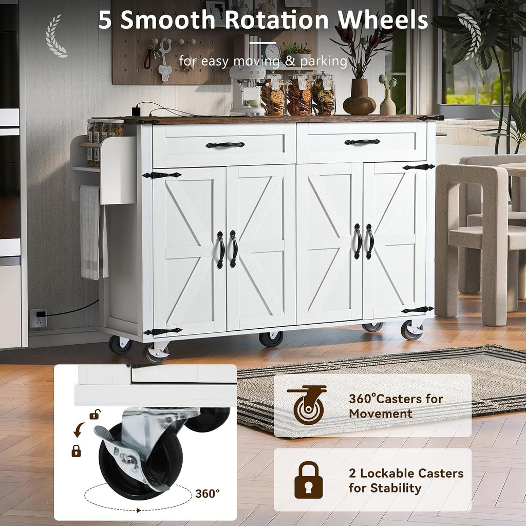 Farmhouse Kitchen Island,Large Rolling Kitchen Cart on Wheels White | Solid Wood Storage Island with Drop Leaf, Spice Rack and Drawer,Power Outlet