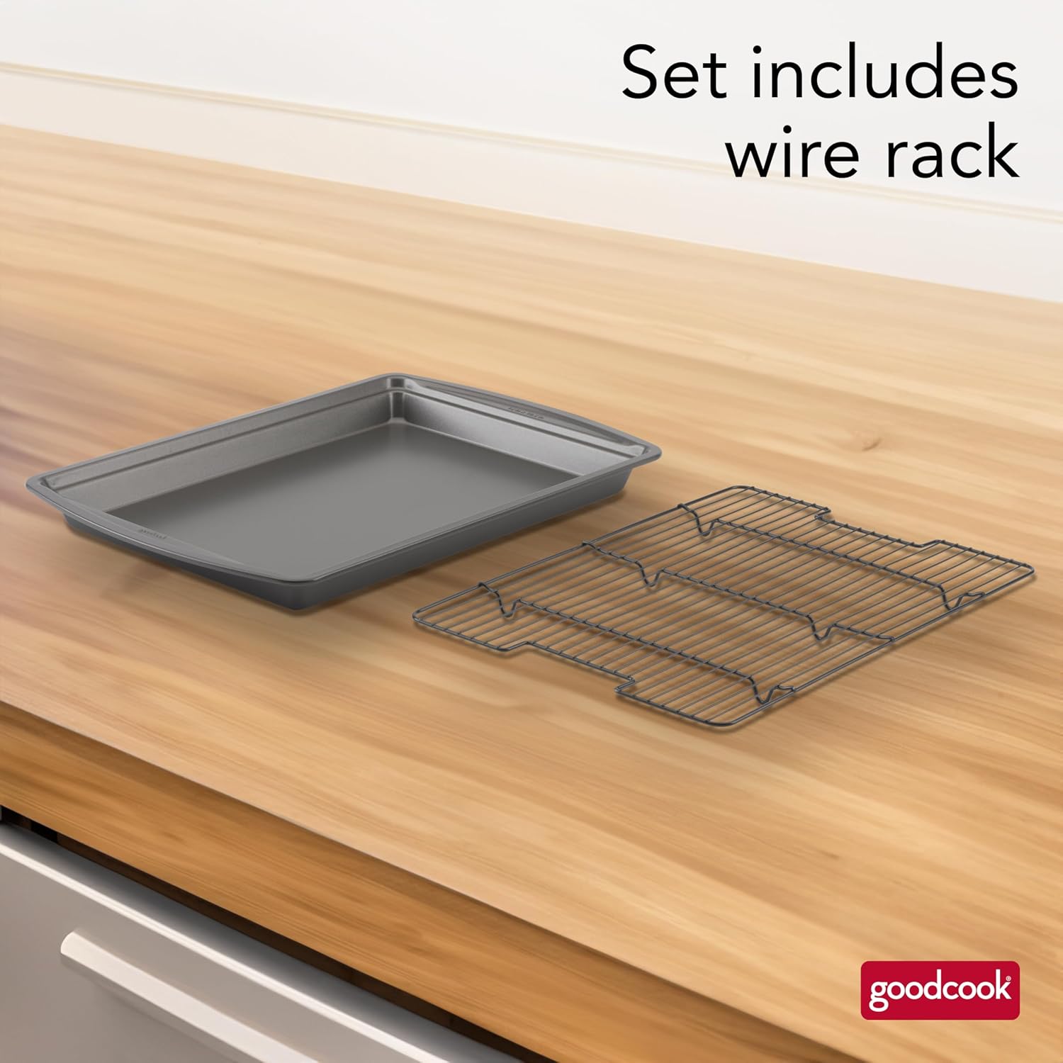 GoodCook 15' x 10.5' Nonstick Carbon Steel Baking Pan & Raised Wire Rack – Pizza Crisper,Crispy Bacon,Multipurpose Cooking Sheet Pan,Cooling Rack,Kitchen Cookware Set,Dishwasher Safe,(Pack of 12)