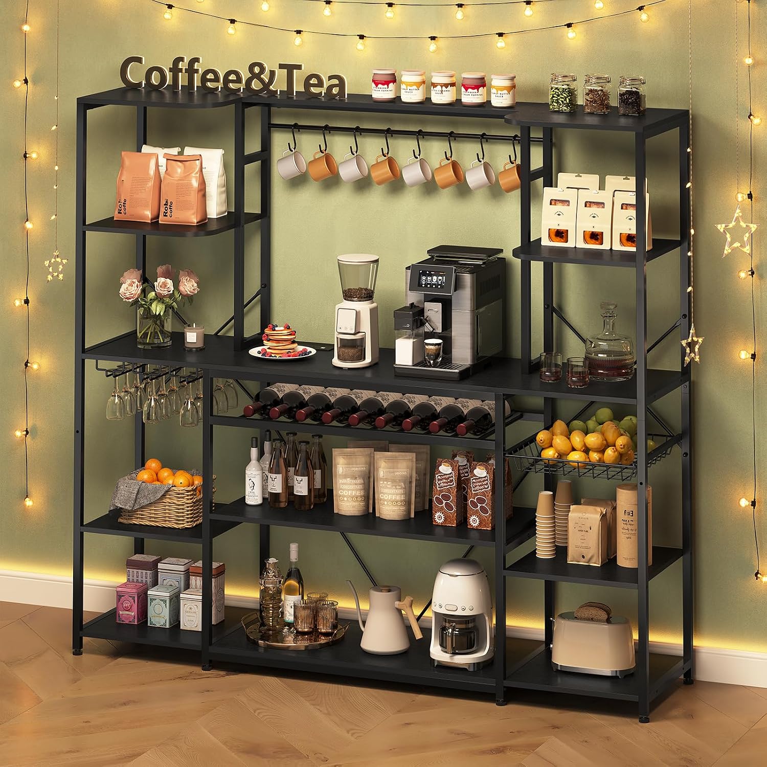 UPOSOJA 62.4in Large Bakers Rack with Power Outlet, Wide Kitchen Microwave Stand with Storage Shelves, 5-Tier Coffee Bar, Wine Rack, Goblet Holder, 8 Hooks, Wire Basket(Black, Large)