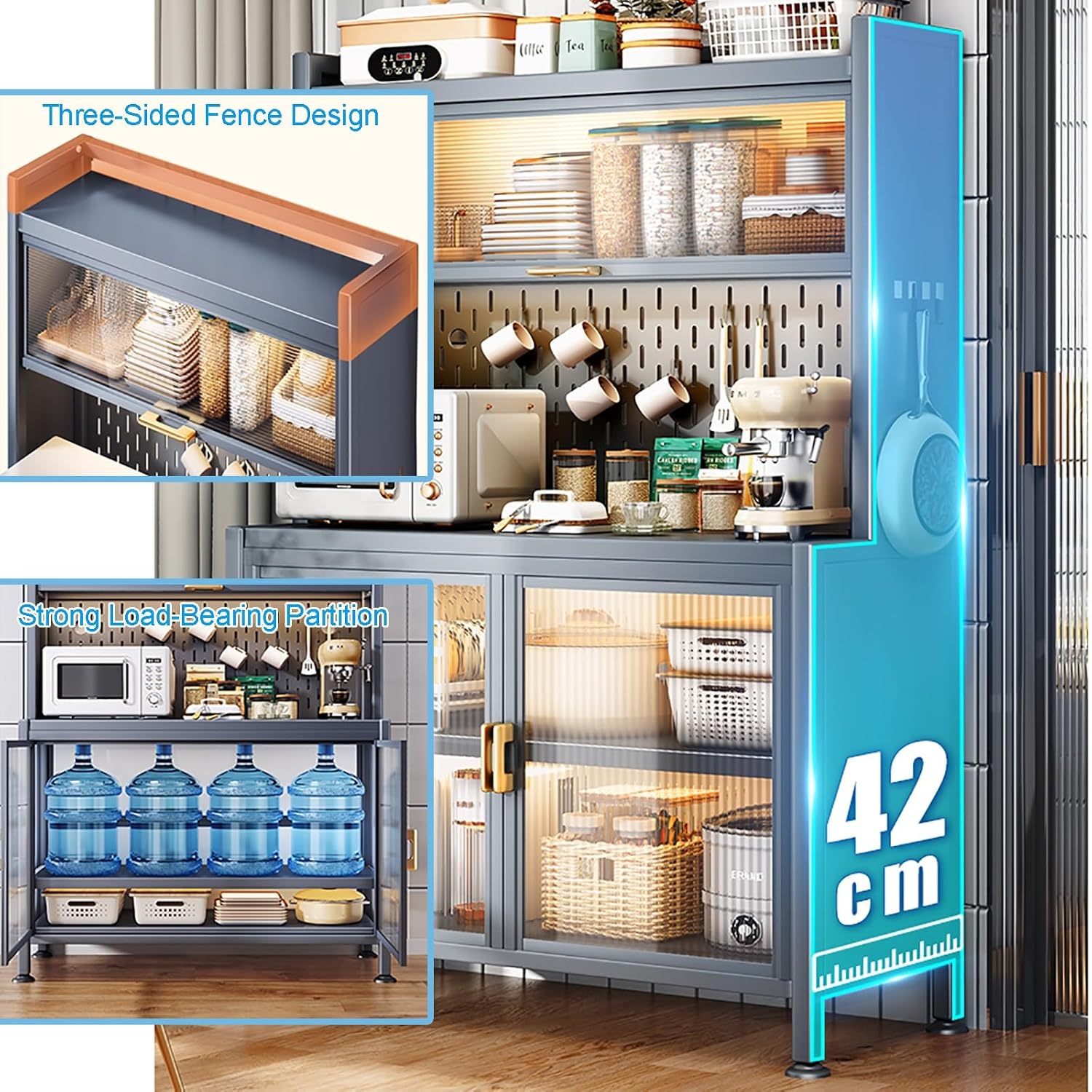 Kitchen Cabinet Storage, Bakers Rack with Power Outlets, 5-Tier Kitchen Storage Shelf, Large Kitchen Storage Shelves with Wheels, for Garage Pantry Kitchen Home (Color : Black, Size : 60cm/23.6in)