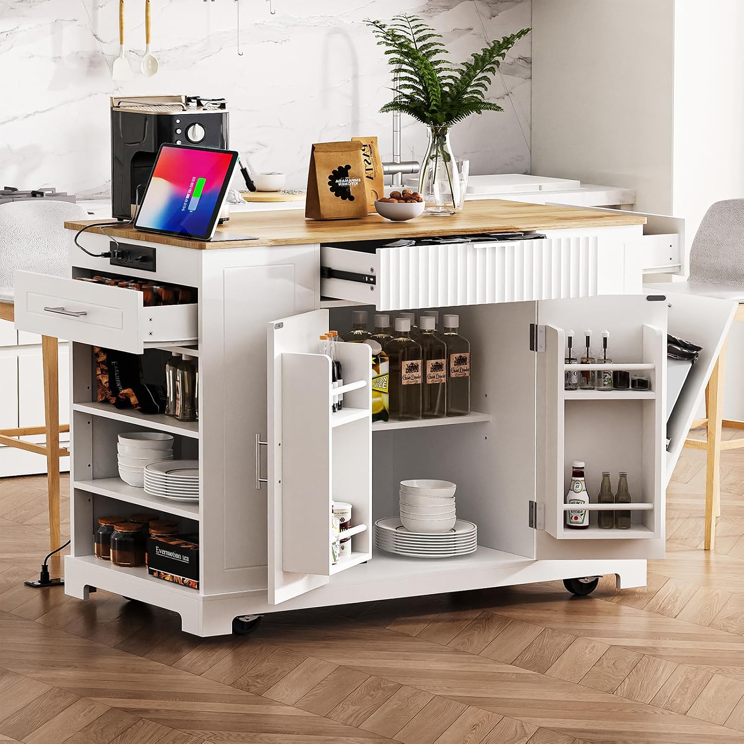 Fluted Kitchen Island with Trash Can Storage Cabinet, Kitchen Island Cart with 3 Drawer, 3 Open Side Racks for 10 Gallon Garbage Bin, Rolling Island with Power Outlet&Internal Storage Rack, White