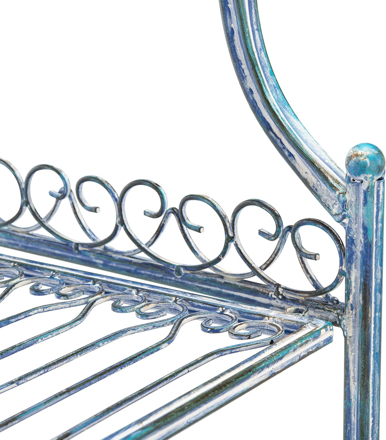 SAFAVIEH Outdoor - Amaris 4-Tier Bakers Rack - Mossy Blue Iron Metal - Vintage Victorian Scrollwork - Ideal for Patio, Deck, Porch, Sunroom, 14.5' W x 25' D x 63' H (PAT5014C)