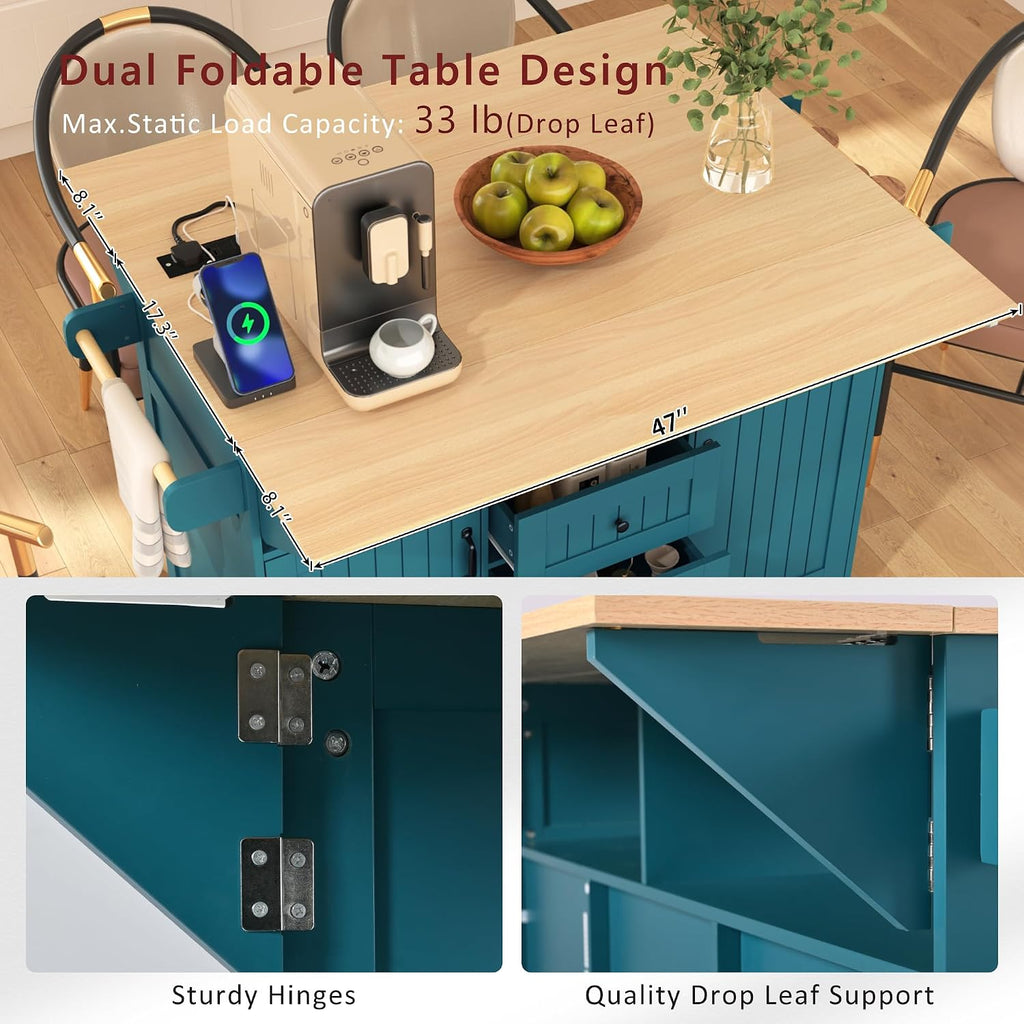 55.7'' Large Kitchen Island w/2 Drop Leaf,, Rolling Kitchen Cart on 5 Wheels with Power Outlet, Folding Storage Dining Table with Spice & Towel Rack , 3 Drawers, for Kitchen, Dining Room (Green )