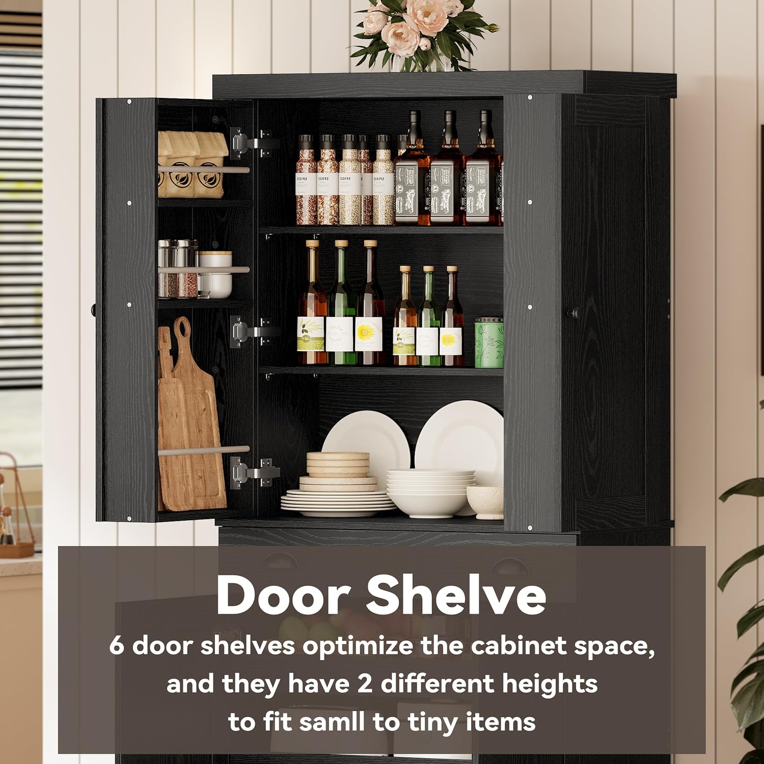 IRONCK Kitchen Pantry Cabinet 72' Height, Freestanding Cupboard with Drawer, Sliding Storage Rack, and 6 Hanging Shelves for Dining Room, Laundry, Living Room, Black