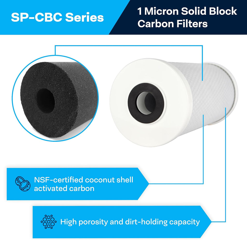 SpiroPure SP-CBC-BB 10x4.5 1 Micron NSF Certified Coconut Shell Carbon Block Water Filter Cartridge CB-45-1001 (Case of 6)