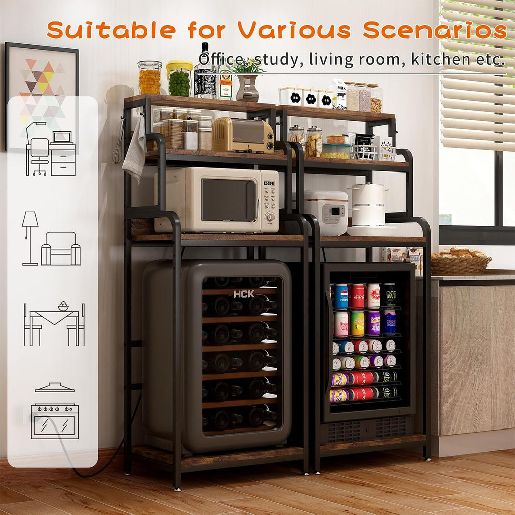 Mini Fridge Stand with Storage, Multifunctional 4-Tier Microwave Oven Stand with Adjustable Shelves and Hooks, Fridge Shelf & Bakers Rack with Power Outlet for Kitchen/Dorm/Living Room/Office, Black