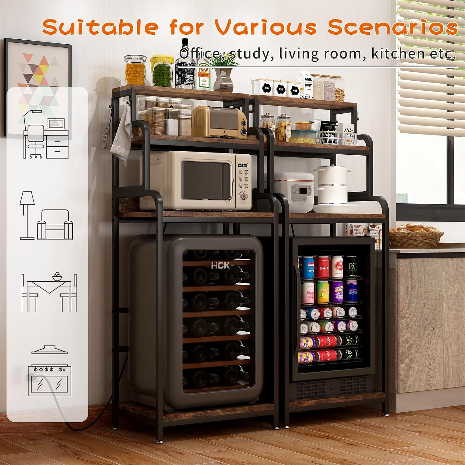 Mini Fridge Stand with Storage, Multifunctional 4-Tier Microwave Oven Stand with Adjustable Shelves and Hooks, Fridge Shelf & Bakers Rack with Power Outlet for Kitchen/Dorm/Living Room/Office, Black