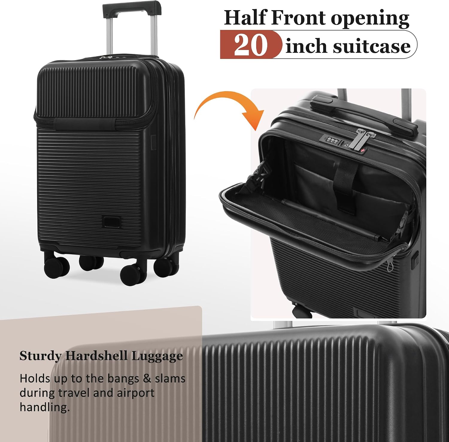Merax Luggage Sets 5 Piece with Half-opening, Hardside 20' Carry On Suitcase Set with USB Port,Lightweight Travel 24' 28' Luggage with Bags TSA Locks Double Spinner Wheels,Black