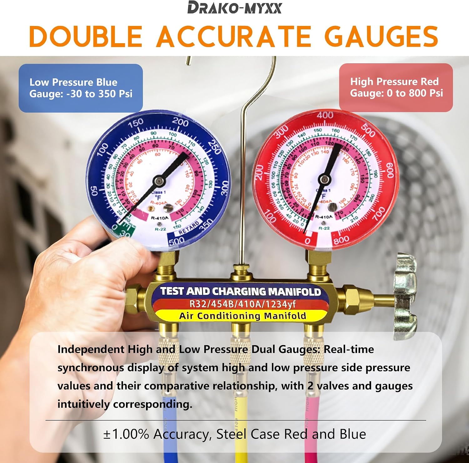 Upgrade 42036 Test & Charging Manifold with 3-1/8'(80 mm) Gauges, A2L Compatible, 2-Valve, 60' Refrigerant Hose, Color-Coded Scales, HVAC Manifold for R32/454B/410A/1234yf,Y/R/B Hoses