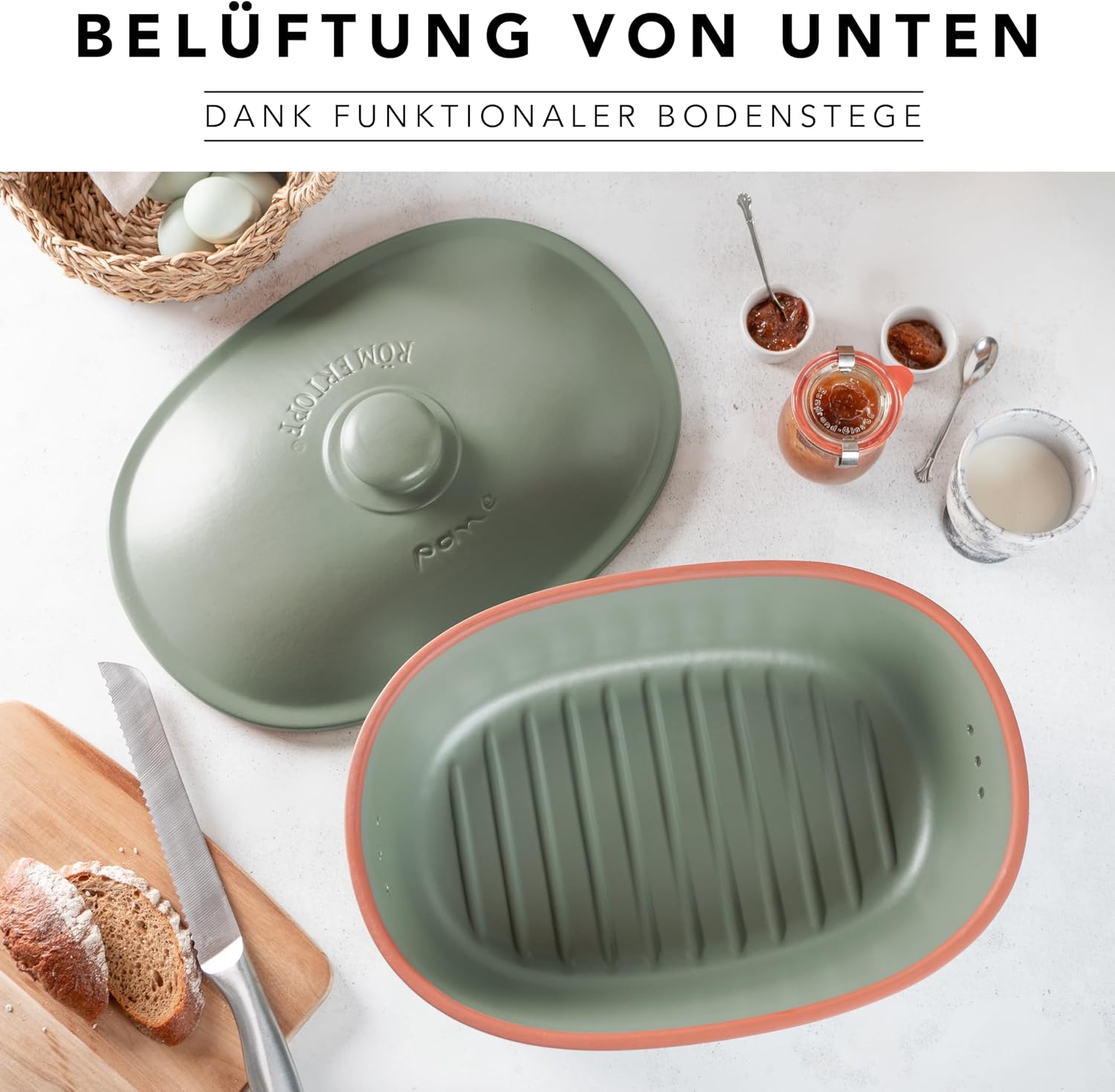 Romertopf Maxi Oval Bread Pot 6.5 Litres – Green Ceramic Bread Bin – Breathable Clay Pot for Long-Lasting Freshness of Bread and Rolls