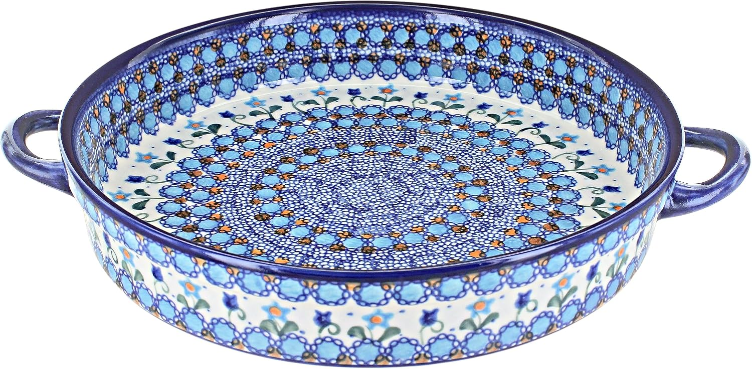 Blue Rose Polish Pottery - Blue Savannah Large Round Baker with Handles - 11' Diameter - Unique, Dishwasher Safe, & Durable Bakeware