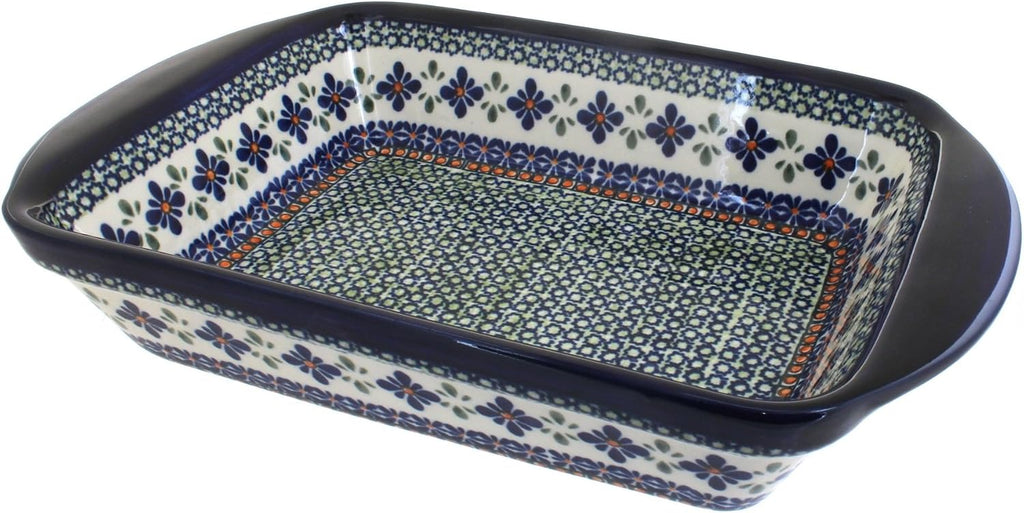 Blue Rose Polish Pottery - Green Mosaic Flower Large Rectangular Baker with Handles - 11.5' x 9.25' - Unique, Dishwasher Safe, & Durable Bakeware