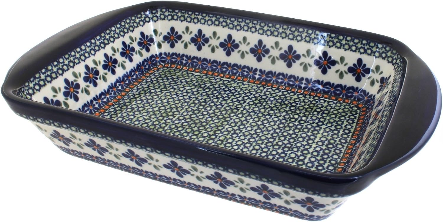 Blue Rose Polish Pottery - Green Mosaic Flower Large Rectangular Baker with Handles - 11.5' x 9.25' - Unique, Dishwasher Safe, & Durable Bakeware