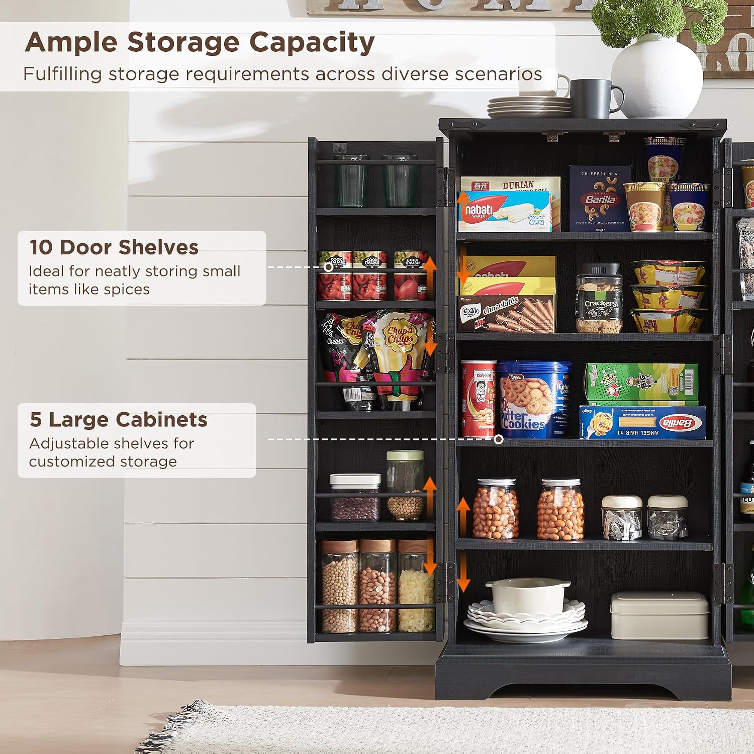 ACCOHOHO 47' Kitchen Pantry, Farmhouse Storage Cabinet with Barn Doors, Organizer and Adjustable Shelves, Rustic Wood Cupboard for Kitchen, Dining Room, Bathroom and Hallway, Black