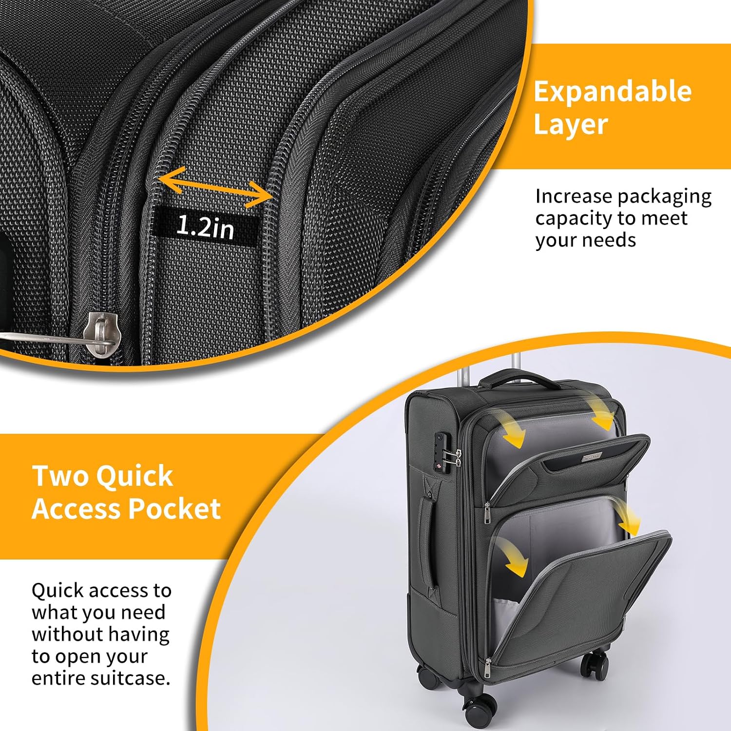 WireHot 3-Piece Softside Expandable Luggage Set with Front Open Pocket, Lightweight and Durable Oxford Fabric Suitcase Set with TSA Lock (Gray, 20in/24in/28in)
