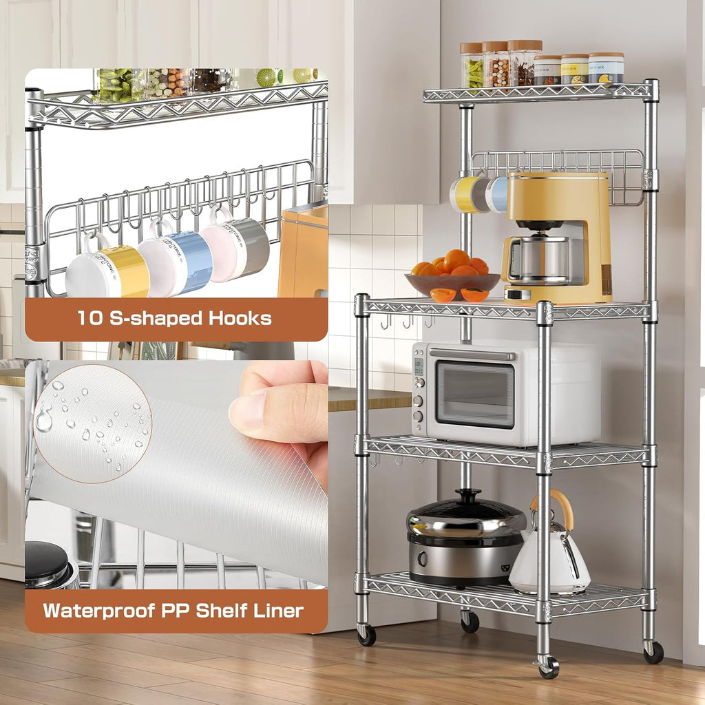 Leteuke Bakers Rack for Kitchen with Storage, NSF Certified 4-Tier Adjustable Coffee Bar with Wheels 10 S-Hooks Microwave Stand Kitchen Storage Shelf Metal Storage Rack 30 x 14 x 59 Inches, Chrome