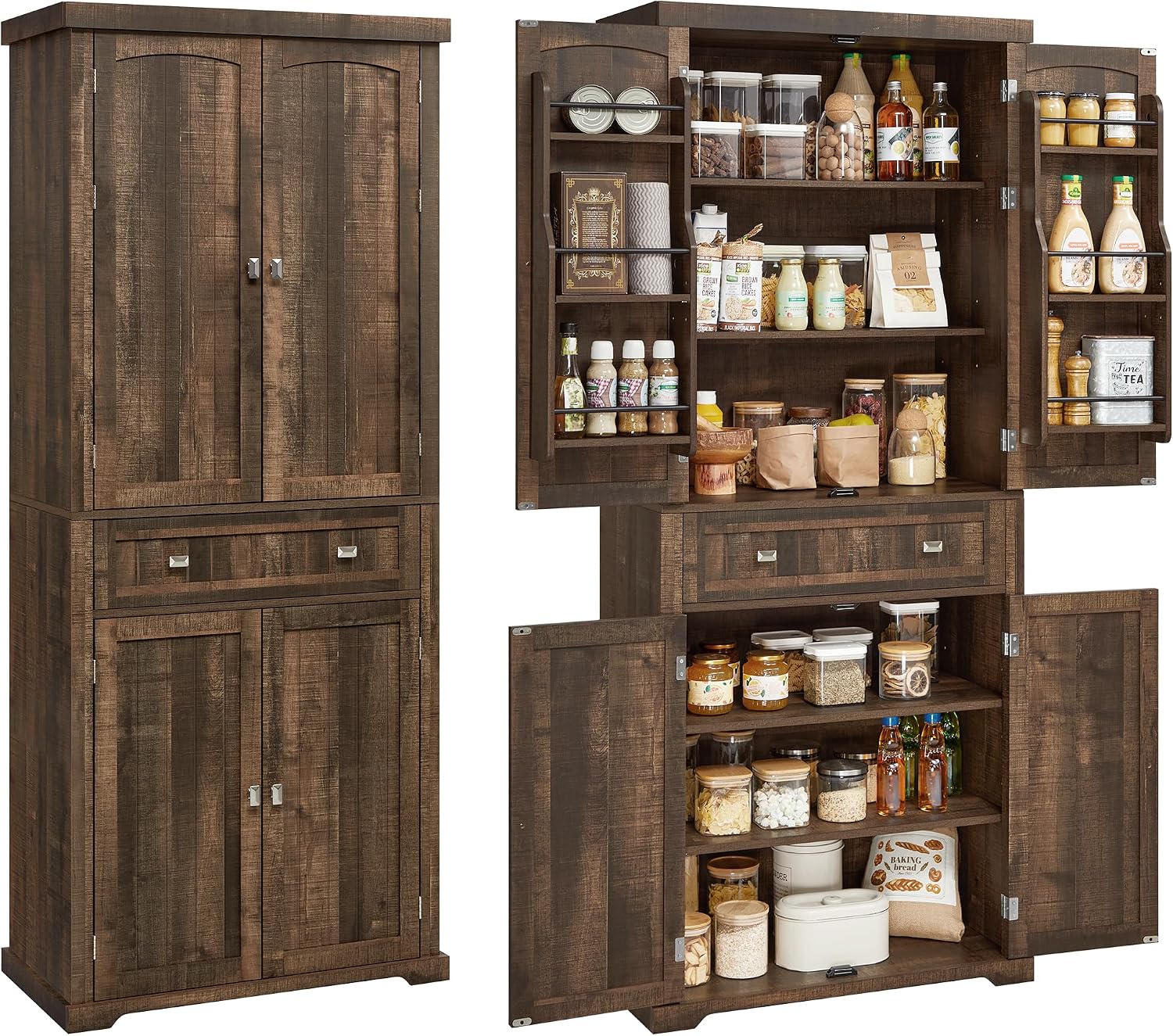 VASAGLE Pantry Cabinet, 15.7 x 30 x 71.7 Inches, Freestanding Tall Cupboard Storage Cabinet with a Drawer, 2 Cabinets, 6 Adjustable Shelves, for Living Room, Kitchen, Deep Brown UBBK561K01