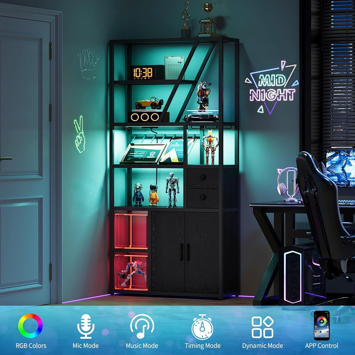 GAOMON Bar Cabinet with Power Outlets, 71.2' Tall Wine Liquor Cabinets with LED Lights and Glass Holder, Coffee Bar Station for Living Room, Microwave Stand Bakers Rack Cabinets, Black
