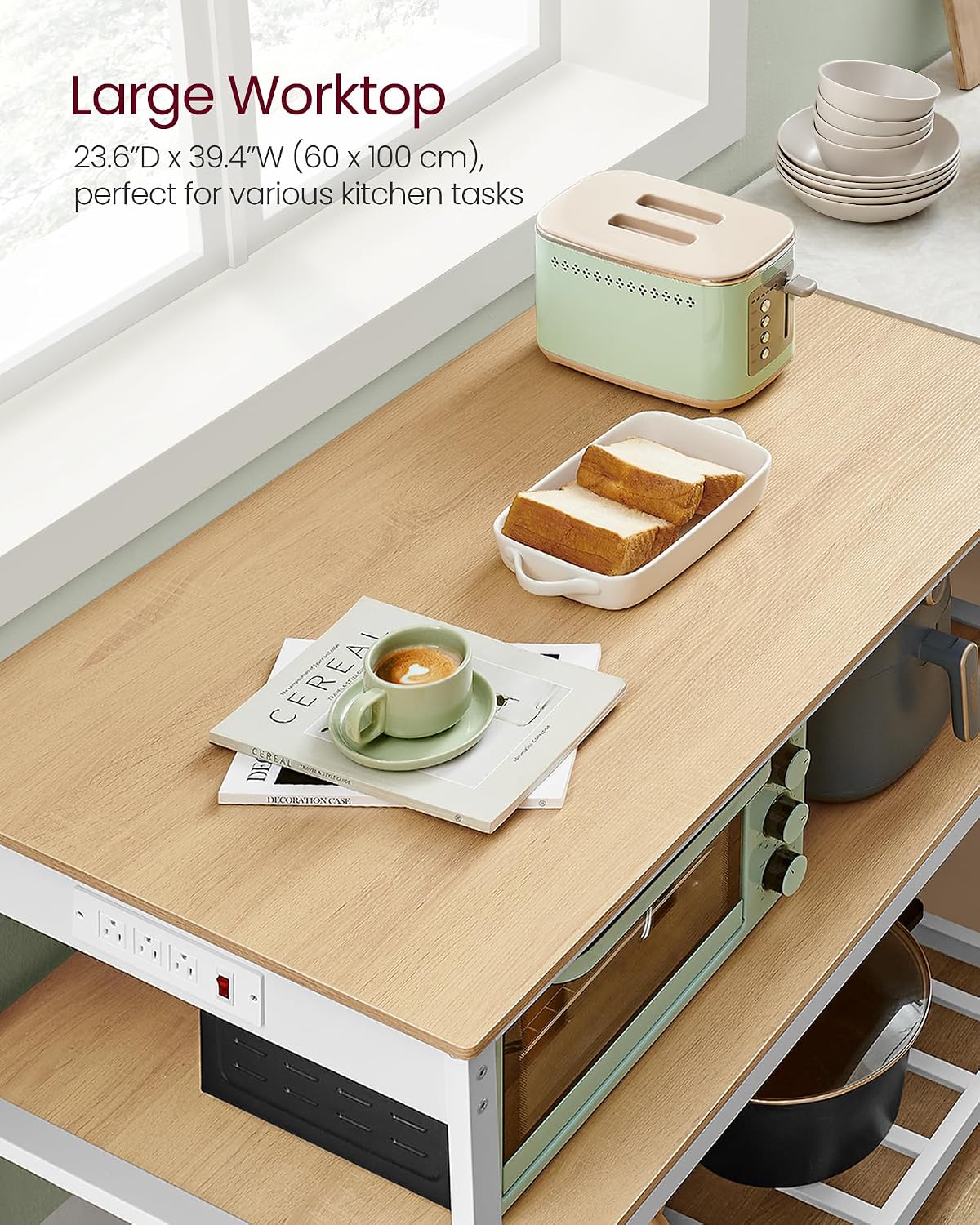 VASAGLE Kitchen Island with 3 Shelves, Kitchen Shelf with Power Strip, 23.6 x 39.4 x 34.9 Inches, Large Worktop, Steel Structure, Industrial, Easy to Assemble, Oak Color and White UKKI105Y01