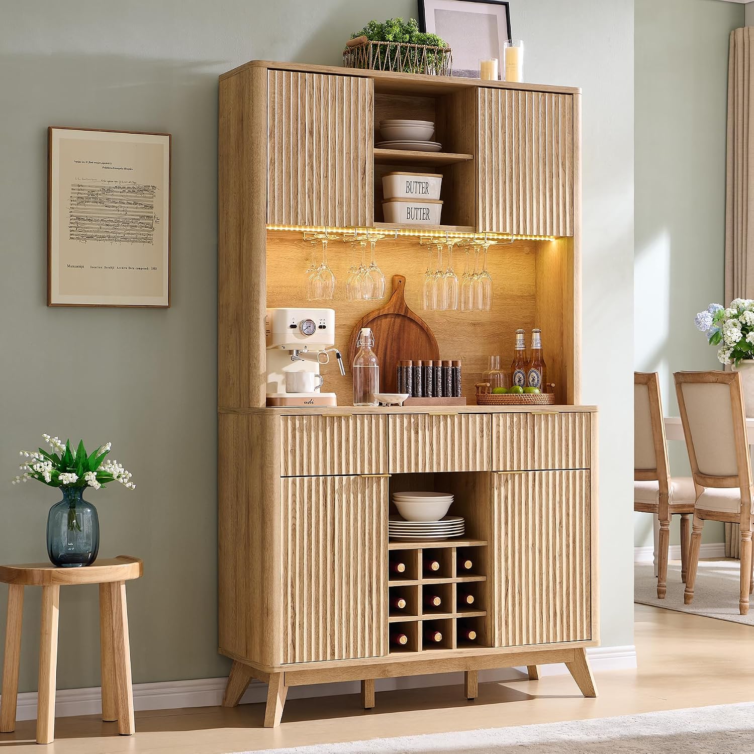 OKD 72' Tall Fluted Coffee Bar Cabinet with Ample Storage, Modern Buffet Sideboard with Glass Holder/Wine Rack/Led Lights/Charging Station, Wine Cabinet for Kitchen, Dining Room, Home Bar, Natural Oak