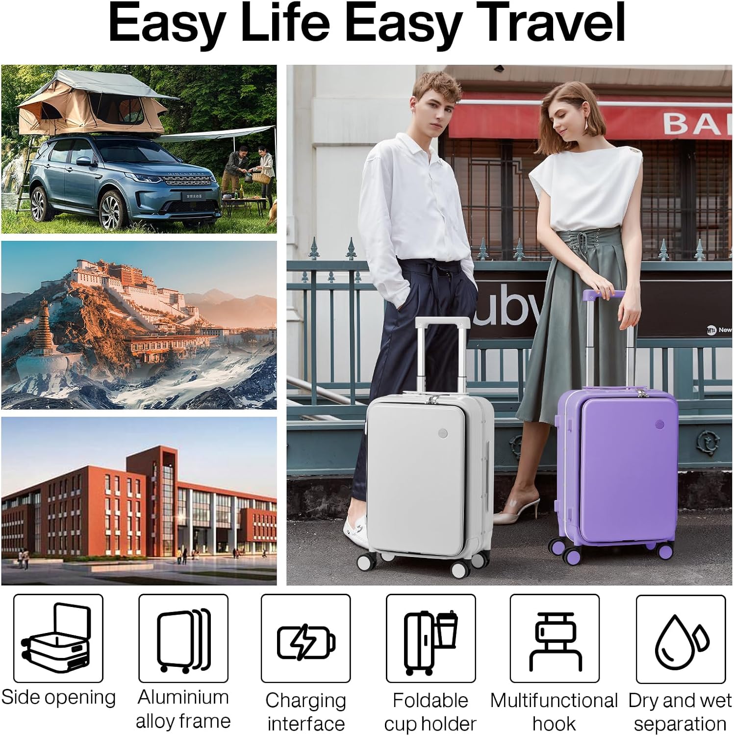 mixi Carry On Luggage with Cup Phone Holder and Charger Hard Shell Suitcases with Spinner Wheels,20 Inch Lilac Purple