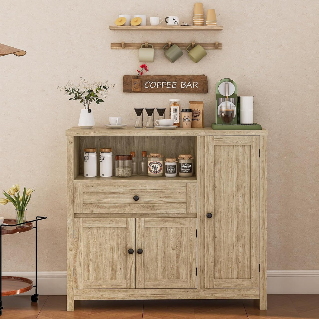 Viaozutis Coffee Bar Cabinet with Doors and Drawer, 35.4' Kitchen Storage Cabinet with Adjustable Shelf, Freestanding Buffet Sideboard for Dining Room, Bathroom, Entryway（Grey）