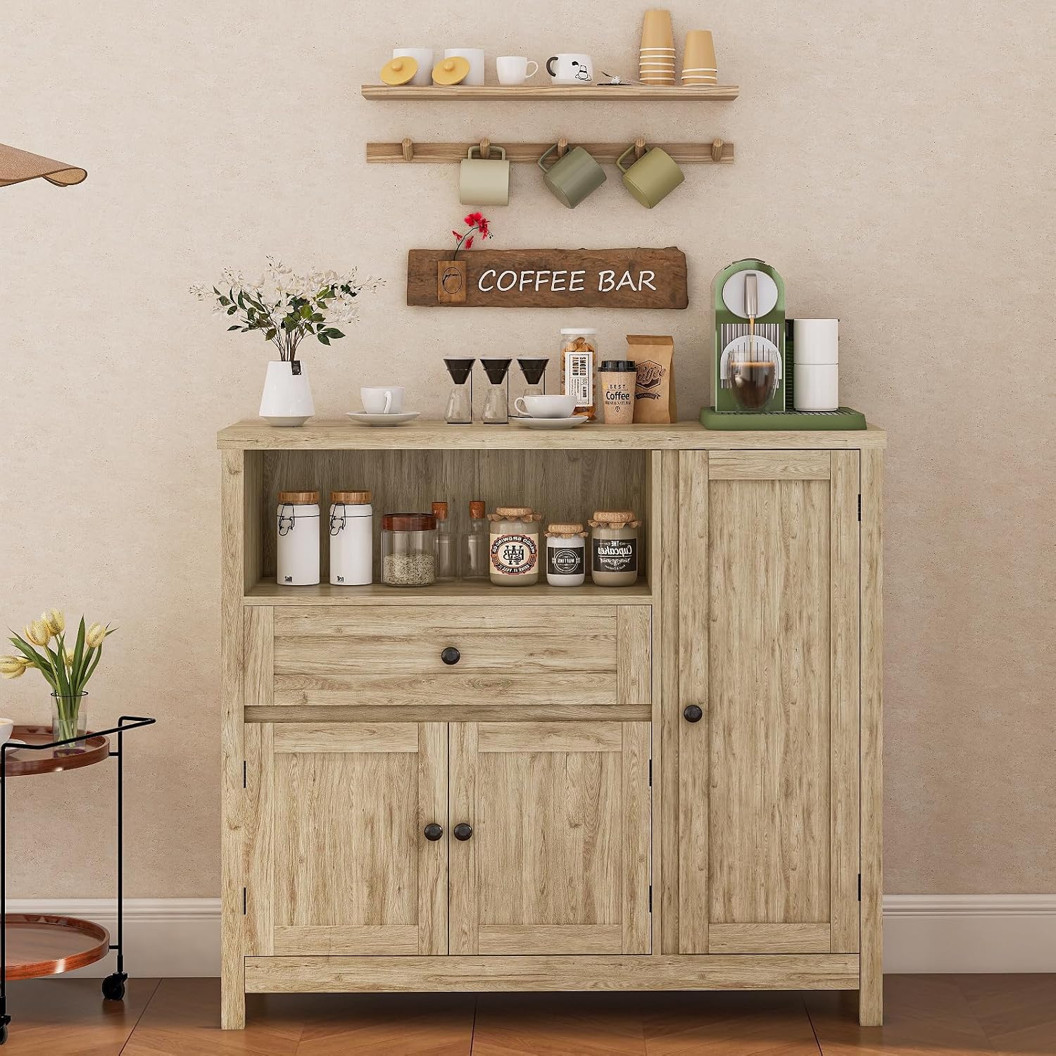 Viaozutis Coffee Bar Cabinet with Doors and Drawer, 35.4' Kitchen Storage Cabinet with Adjustable Shelf, Freestanding Buffet Sideboard for Dining Room, Bathroom, Entryway（Grey）