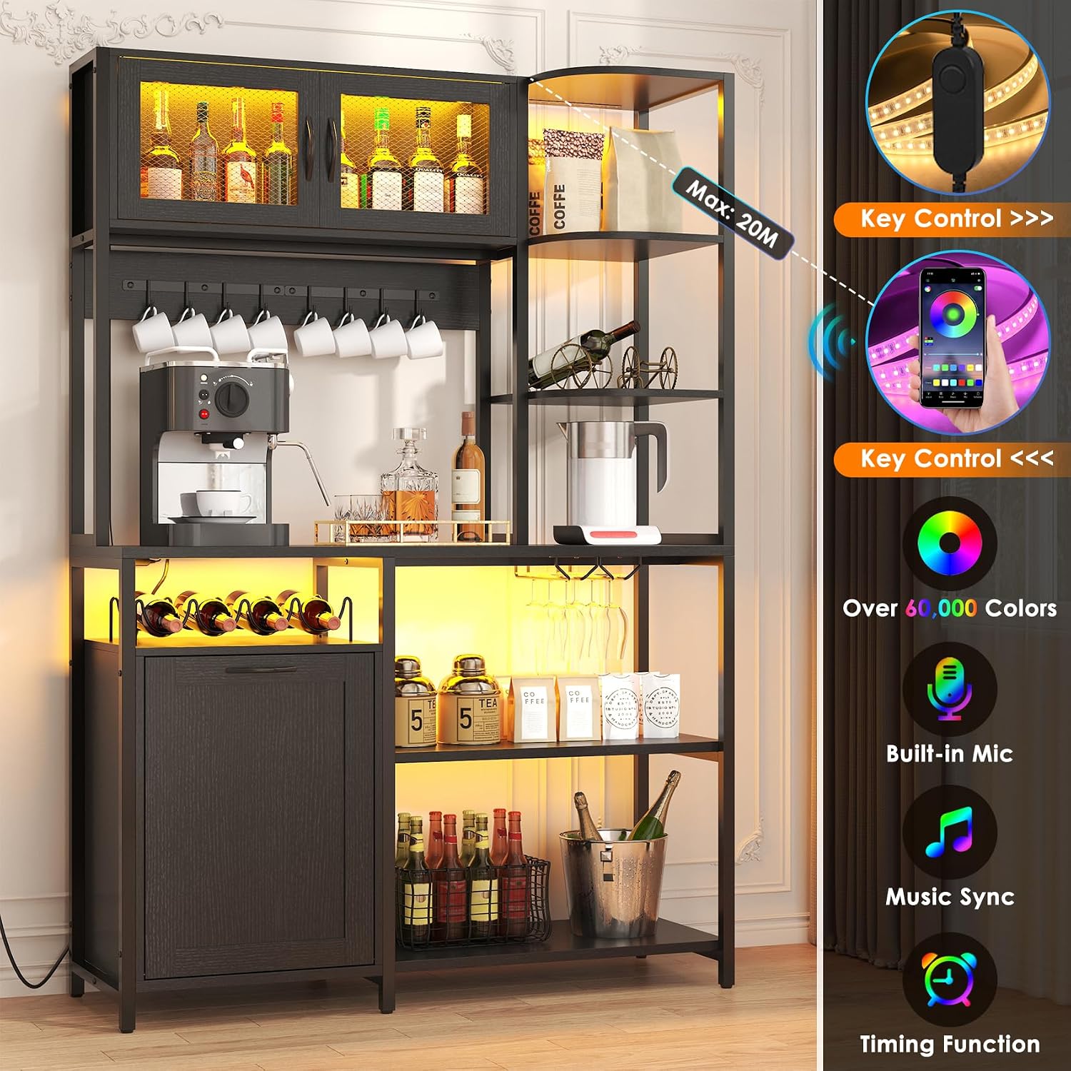 Bakers Rack with Power Outlet and LED Light, 6-Tier Commercial Bakery Racks, Kitchen Microwave Stand with Storage Cabinet, Kitchen Tilt Out Trash Cabinet, 15.8' D x 42.5' W x 67.8' H, Black