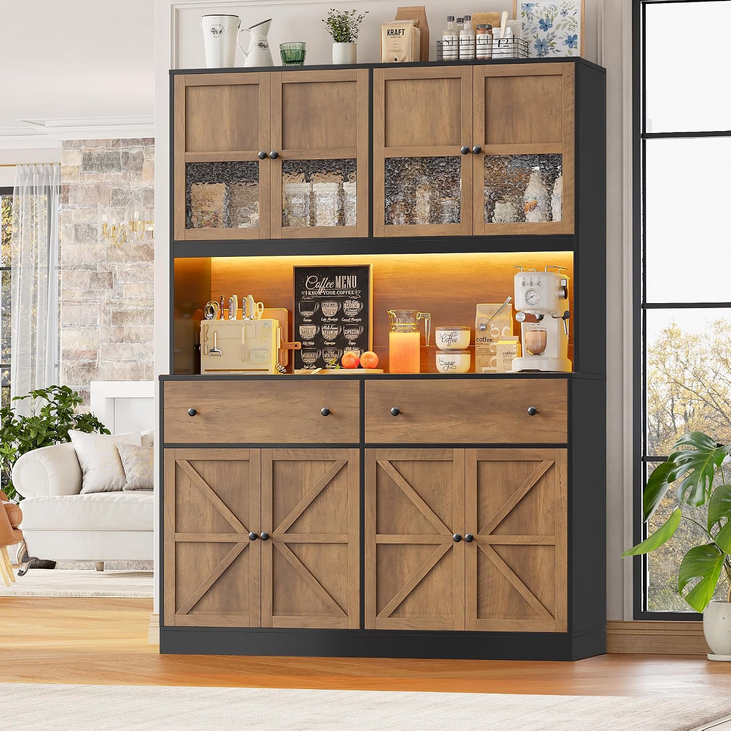 FINETONES 71' Pantry Cabinet with LED Light and Charging Station, Farmhouse Kitchen Pantry Cabinet with Microwave Stand, 47.2' Wide Kitchen Hutch Food Pantry with Open Countertop, Black/Brown