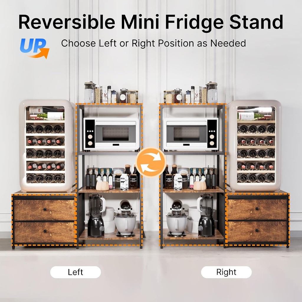 Mini Fridge Stand with Storage, Microwave and Mini Fridge Stand with Power Outlet, Coffee Bar, Kitchen Baker, for Dorm, Office(Brown)