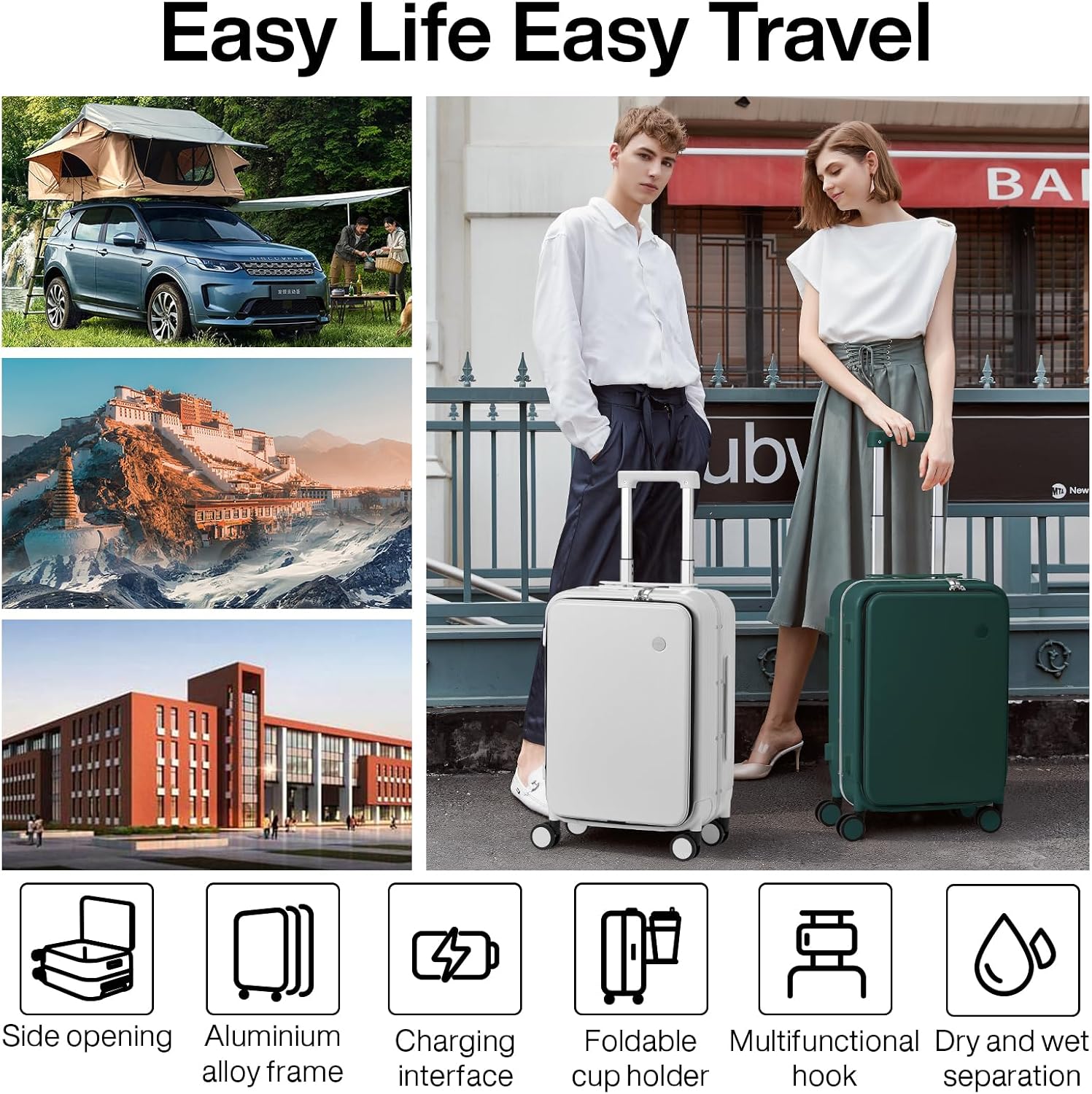 mixi 2-Piece Luggage Sets with Cup Phone Holder and Charger Hard Shell Suitcases with Spinner Wheels, 20+26 Inch Blackish Green