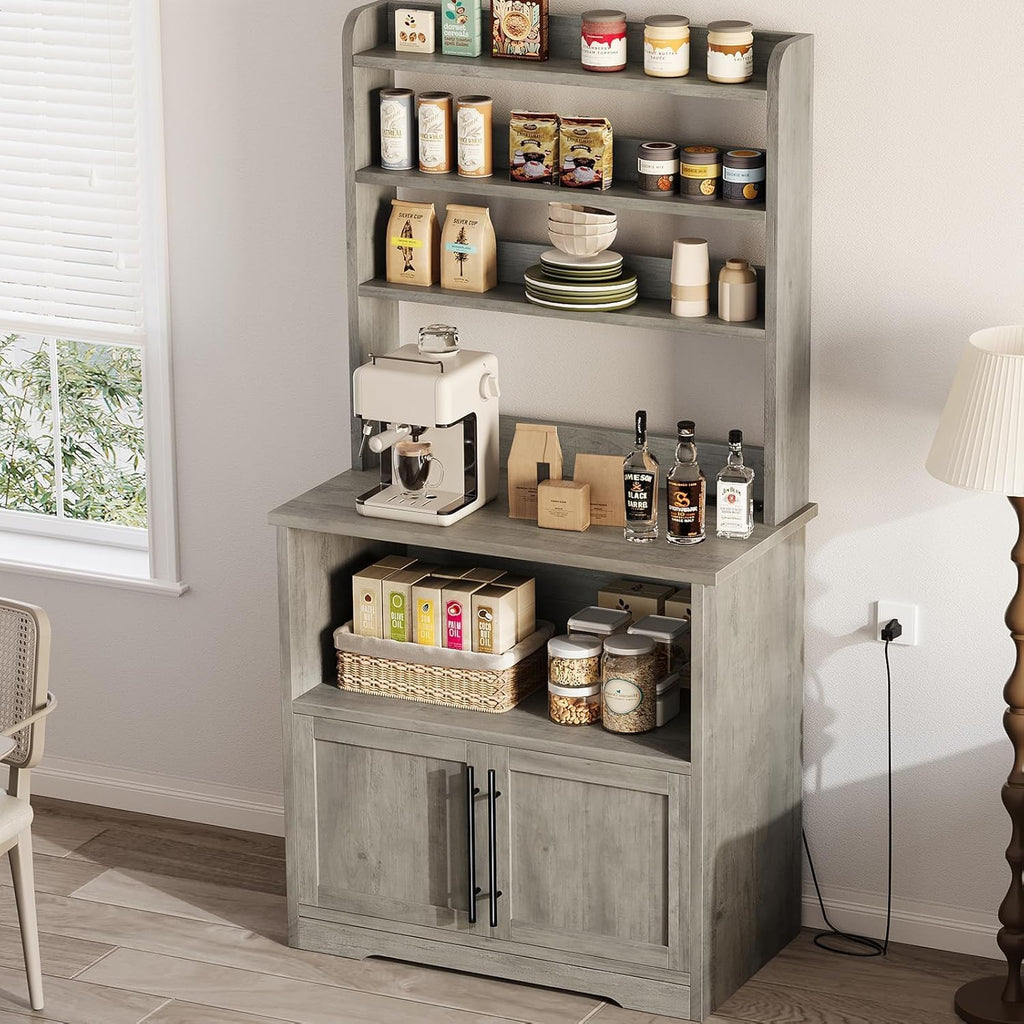 GAOMON Farmhouse Bakers Rack with Storage Cabinet and Charging Station, Kitchen Hutch with Thickened Tabletop, Power Outlets & USB Ports, Pantry Organizer Shelf for Kitchen and Dining Room, Gray