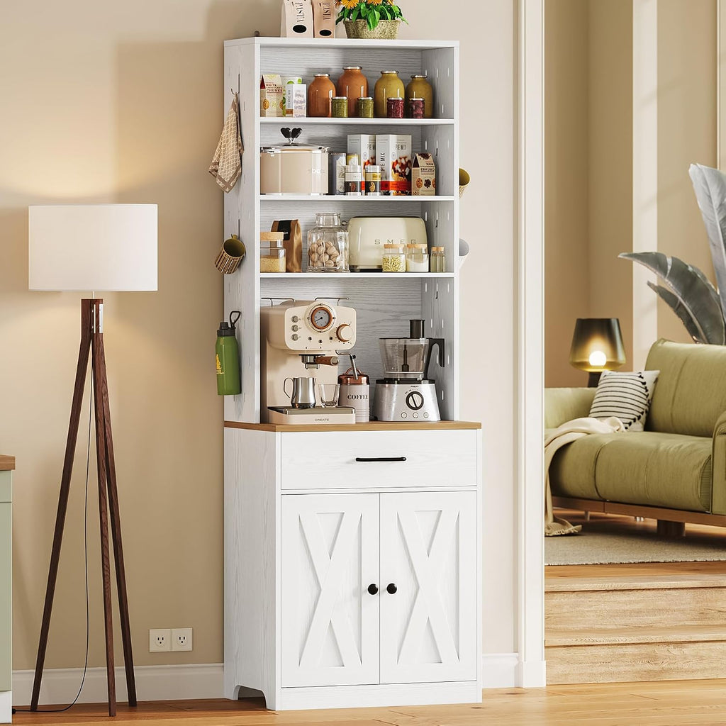 IRONCK Bakers Rack Microwave Stand with Customizable Pegboard and Storage, 71' Farmhouse Coffee Bar Cabinet with Drawer, Barn Doors, Adjustable Shelves for Kitchen, Dining Room, 23.6' White