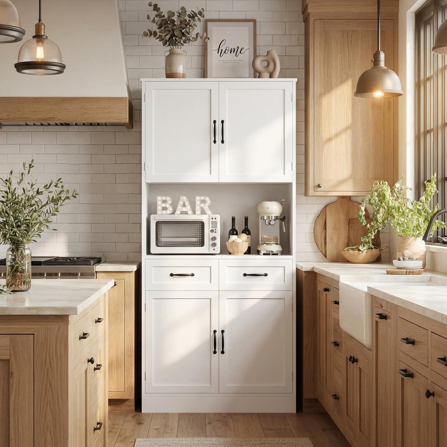 HOSTACK 71' Tall Kitchen Pantry Storage Cabinet, Modern Kitchen Hutch Bar Cabinet with Microwave Stand, Wood Buffet Sideboard with Hutch, Cupboard with Drawers, Shelves for Dining Room, White