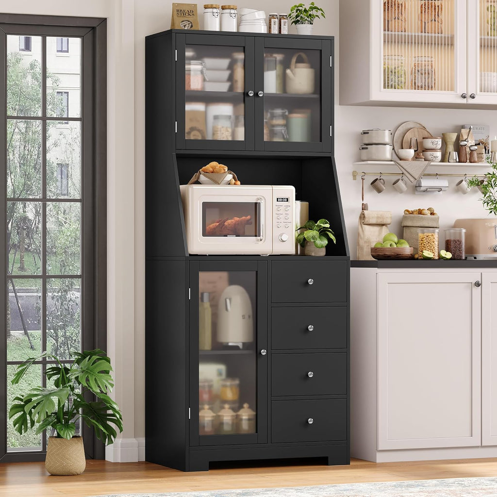 BOTLOG 64'' Kitchen Pantry Storage Cabinet, Tall Kitchen Storage Cabinet with Microwave Stand, Hutch Cabinet with Adjustable Shelves, for Dining Room, Black