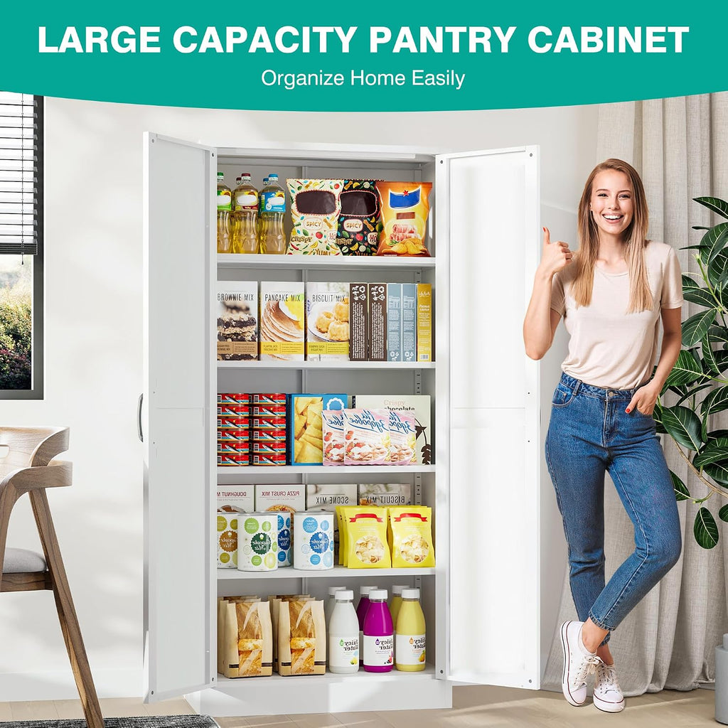 SISESOL 61' Tall Pantry Cabinet,Farmhouse Kitchen Pantry Storage Cabinets with 2 Doors and 5 Shelves,White Metal Storage Cabinet,Large Cupboard for Home,Kitchen,Dining/Living Room