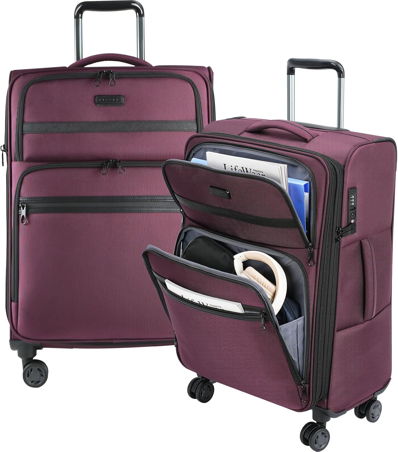 KROSER Softside Expandable checked Luggage with Front Business Pockets，24 Inch Suitcases with Spinner Wheels & Built-in TSA Lock, Durable Suitcase Rolling Luggage, Burgundy