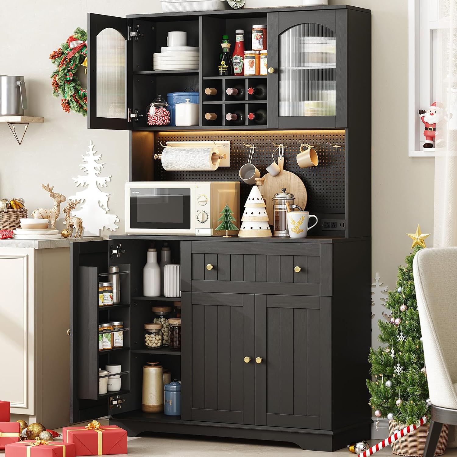 ONBRILL 71' Kitchen Pantry Cabinet with Microwave Shelf & Door Shelves, Kitchen Hutch with Outlet & LED Light, Wood Pantry Storage with DIY Pegboard & 6 Hook, Modern Cabinet with Drawer & Wine Rack